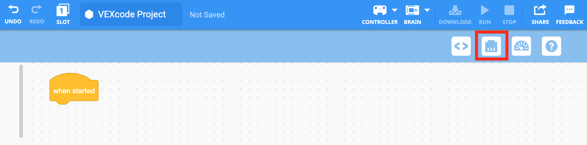 Barre d'outils VEXcode EXP avec l'icône Appareils mise en évidence entre les icônes Visionneuse de code et Console d'impression.