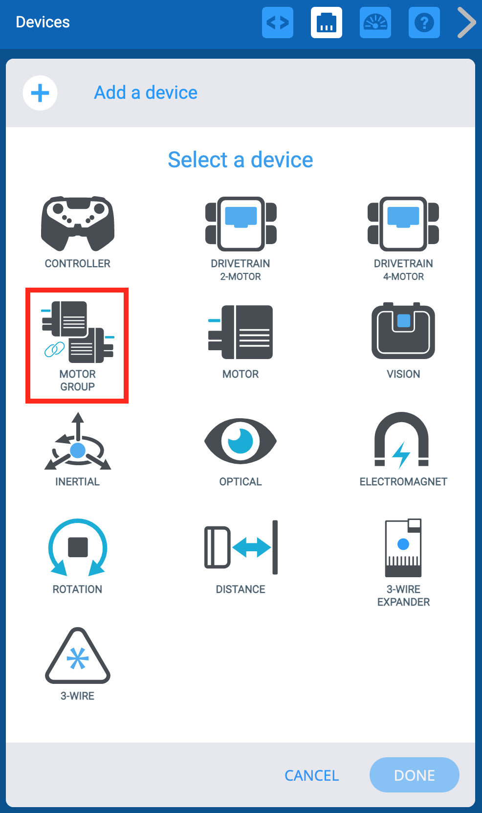 „VEXcode EXP Devices“ meniu, pasirinkus mygtuką „Add a device“ (Pridėti įrenginį). Paryškinta parinktis „Variklio grupė“.