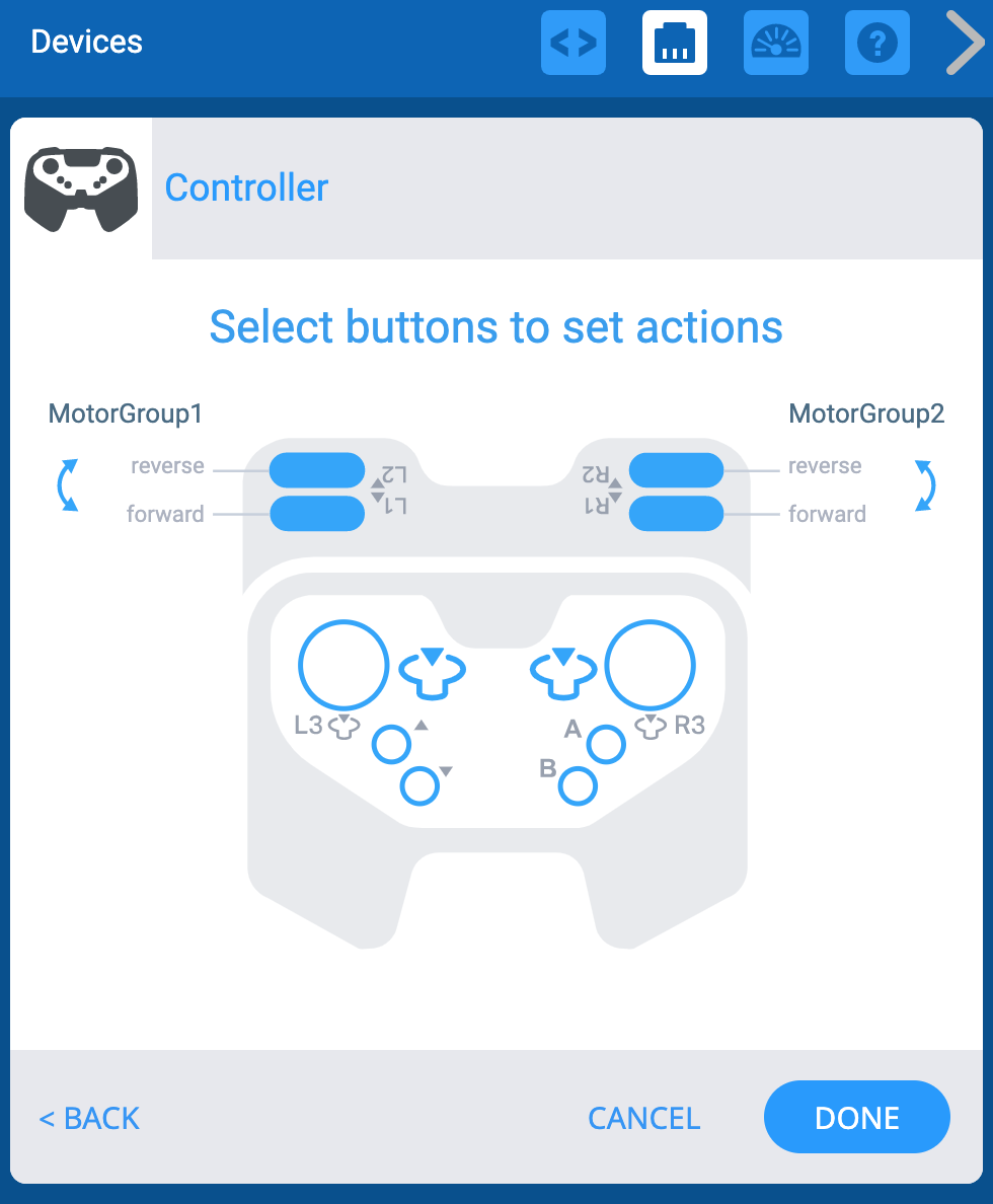 Menu Dispositivi VEXcode EXP con le opzioni del Controller visualizzate. Sul controller è presente uno schema di tutti i pulsanti e ogni pulsante può essere collegato a gruppi motore o trasmissioni selezionandoli nello schema. I pulsanti degli assi L e R sul controller sono collegati a due gruppi motore diversi.