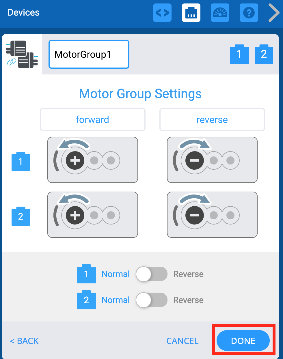 Menu Thiết bị EXP VEXcode sau khi chọn Cổng nhóm động cơ và màn hình Cài đặt nhóm động cơ được hiển thị. Bên dưới, nút Xong được tô sáng.