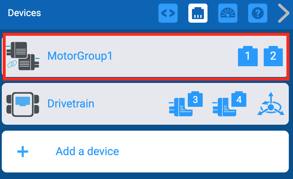 เมนูอุปกรณ์ VEXcode EXP ที่มีการเน้นกลุ่มมอเตอร์ที่เพิ่มไว้ก่อนหน้านี้