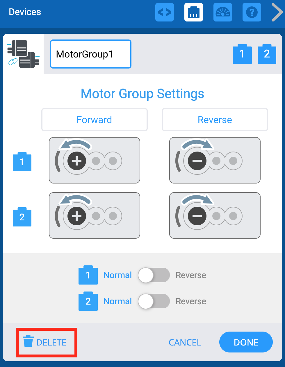 Ventana VEXCODE EXP Devices con el menú Motor Group Settings mostrado. A continuación, se resalta el botón Eliminar.
