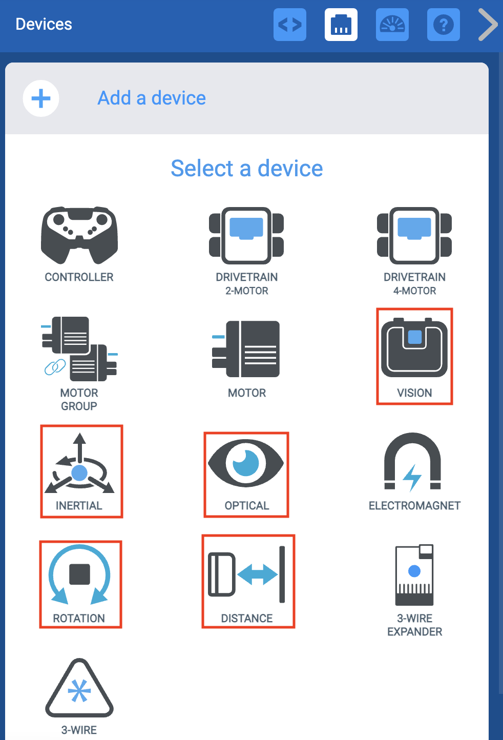 Menú VEXCODE EXP Dispositivos después de que se haya seleccionado el botón Agregar un dispositivo. Todas las opciones del sensor están resaltadas.