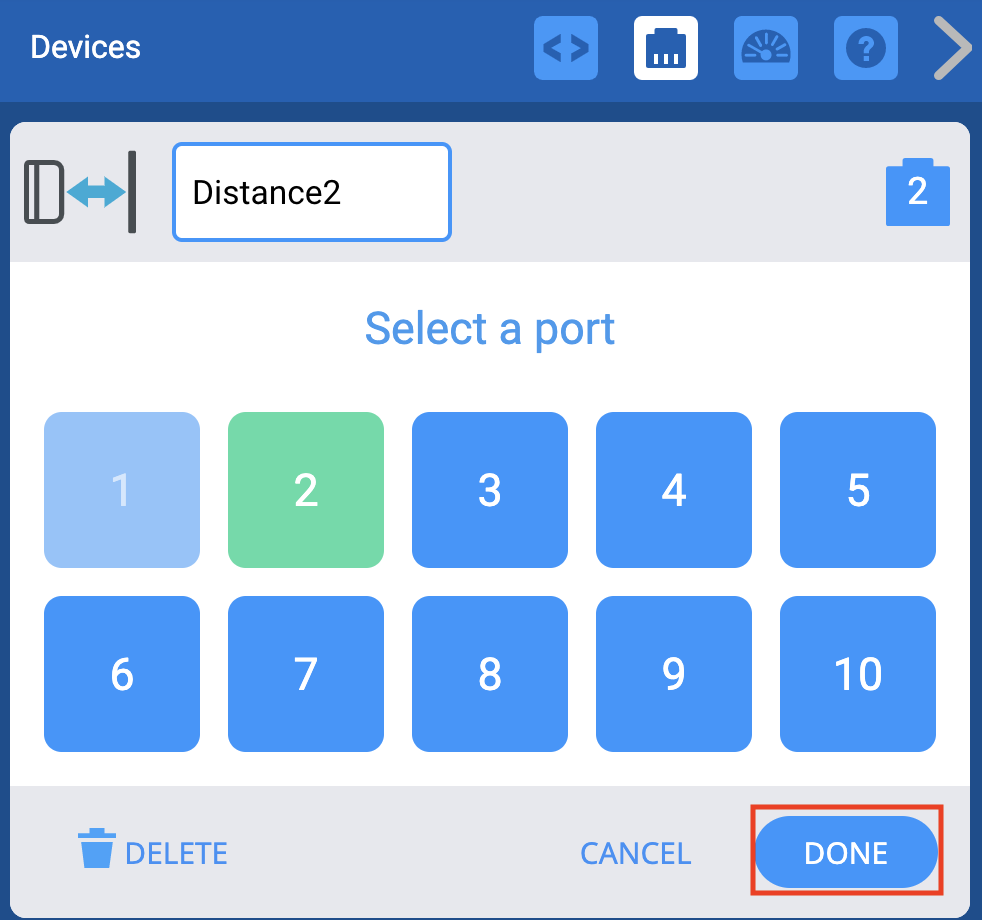 Captura de ecrã do menu Selecionar uma Porta que mostra o processo de seleção de portas para o sensor de distância.