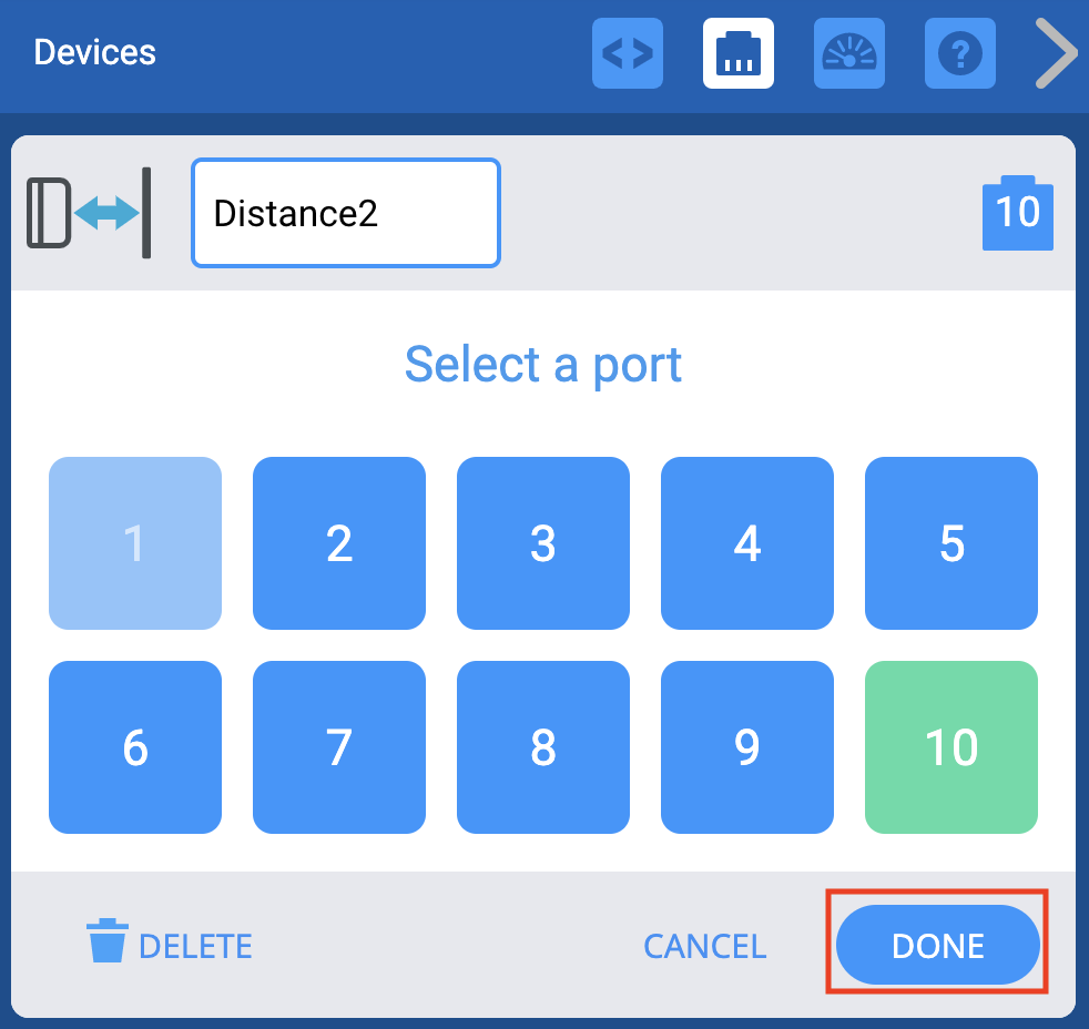 El menú VEXCODE EXP Devices Port Selection se utiliza para cambiar los números de puerto ya establecidos. Los puertos seleccionados se mostrarán en verde y, después de seleccionar los nuevos, el usuario puede presionar Listo para guardar los cambios.