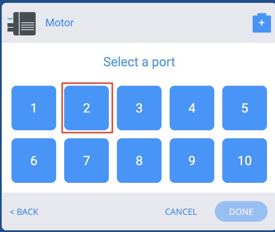 VEXcode EXP Nabídka Vyberte port, kde lze vybrat konkrétní port pro inteligentní motor.
