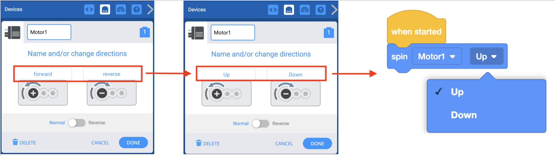 Tangkapan layar menunjukkan menu opsi Motor yang digunakan untuk mengganti nama arah Motor. Berikutnya, menu tarik-turun arah blok Putaran ditampilkan dan nama arah Motor baru tersedia di menu.