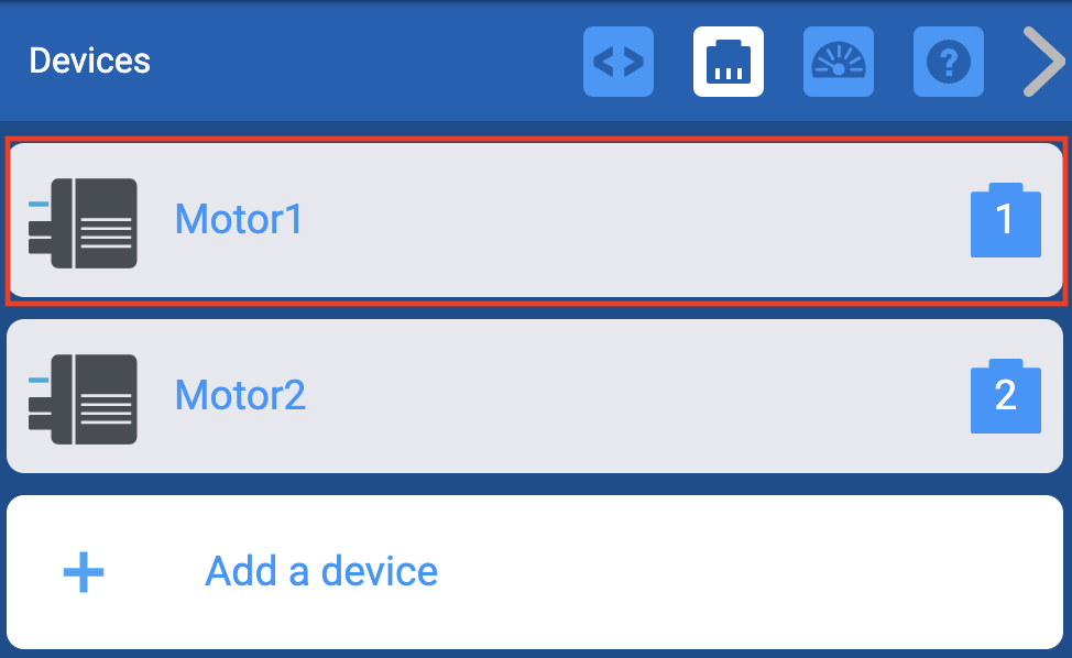Menu Perangkat VEXcode EXP dengan Motor yang ditambahkan sebelumnya disorot.