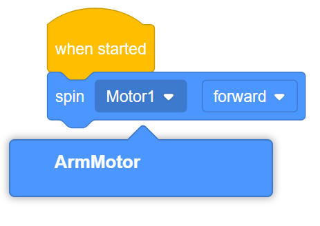 O bloco VEXcode EXP Spin é mostrado com o menu suspenso Motor aberto. O novo nome do motor é apresentado no menu e, neste exemplo, chama-se ArmMotor.
