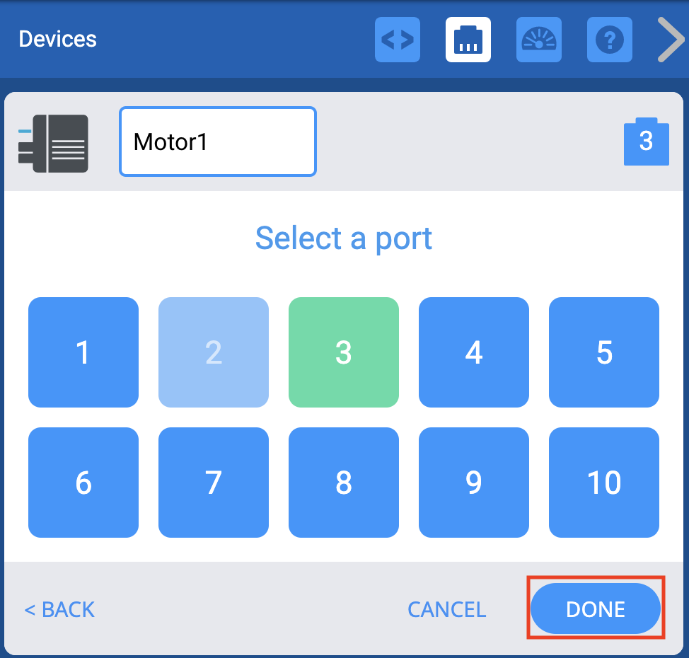 El menú VEXCODE EXP Devices Port Selection se utiliza para cambiar los números de puerto ya establecidos. Los puertos seleccionados se mostrarán en verde y, después de seleccionar los nuevos, el usuario puede presionar Listo para guardar los cambios.