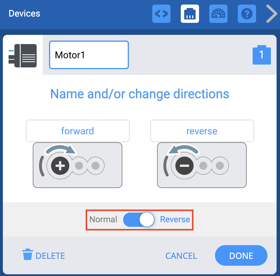 Finestra Dispositivi VEXcode EXP con le opzioni Motore mostrate. Di seguito, l'opzione Inverti motore è selezionata ed evidenziata. Questo pulsante può essere utilizzato per invertire la direzione di rotazione del motore.
