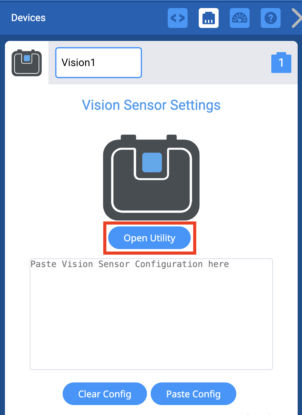 Das Bedienfeld „Vision Sensor Settings“ in VEXcode EXP mit dem als Vision1 bezeichneten Sensor. Es wird ein großes Symbol für den Vision Sensor angezeigt, darunter ist eine blaue Schaltfläche mit der Bezeichnung „Open Utility“ hervorgehoben.
