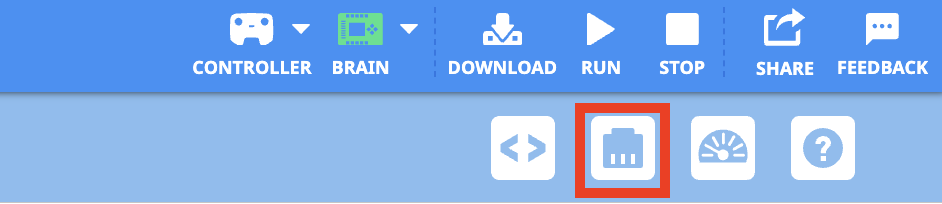 Code Viewer және Print Console белгішелерінің арасында бөлектелген Құрылғылар белгішесі бар VEXcode EXP құралдар тақтасы.
