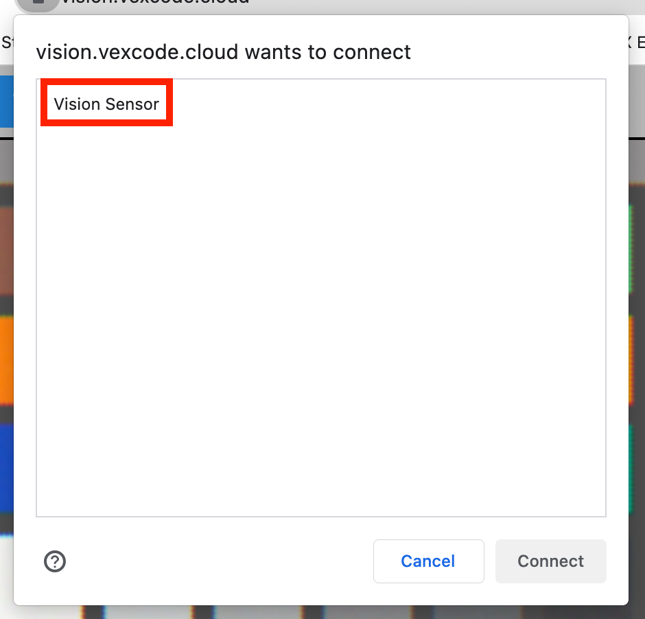 Запрос браузера от vision.vexcode.cloud с просьбой подключиться к датчику зрения. Выделено устройство под названием Vision Sensor. Кнопки «Подключиться» и «Отмена» отображаются в нижней части окна.