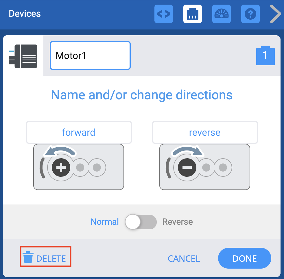 Janela de dispositivos VEXcode EXP com as opções do motor apresentadas. Abaixo, o botão Apagar está destacado.