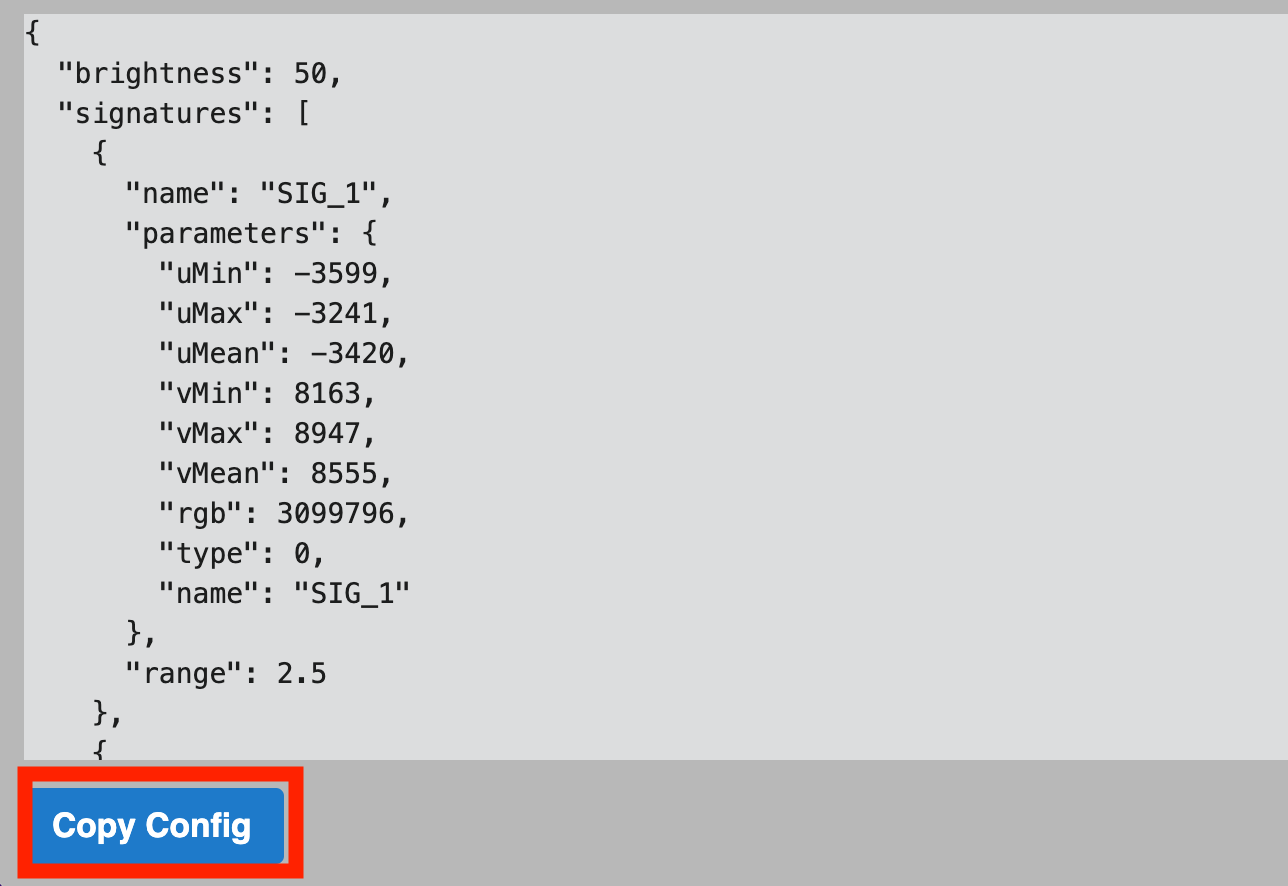 De aangepaste configuratiecode voor de handtekening wordt onder de live preview weergegeven. De knop Configuratie kopiëren is hieronder gemarkeerd.
