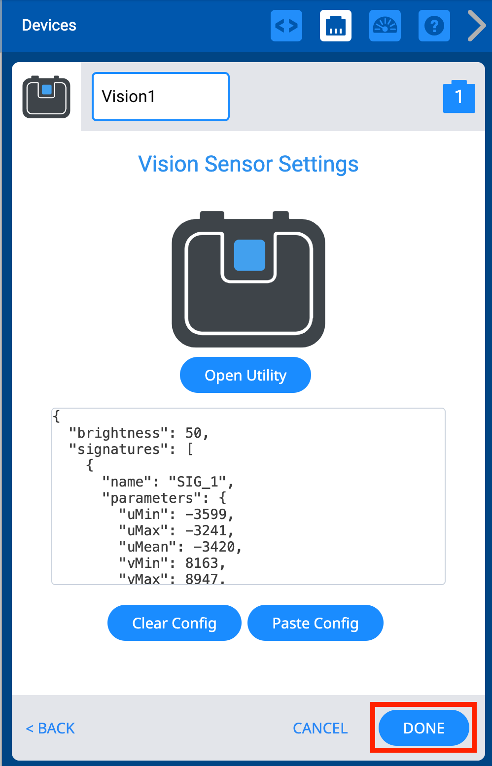 Мәтін өрісіне қойылған конфигурация коды бар бірдей Vision Sensor Settings экраны. Дайын түймесі төменгі оң жақта бөлектелген.