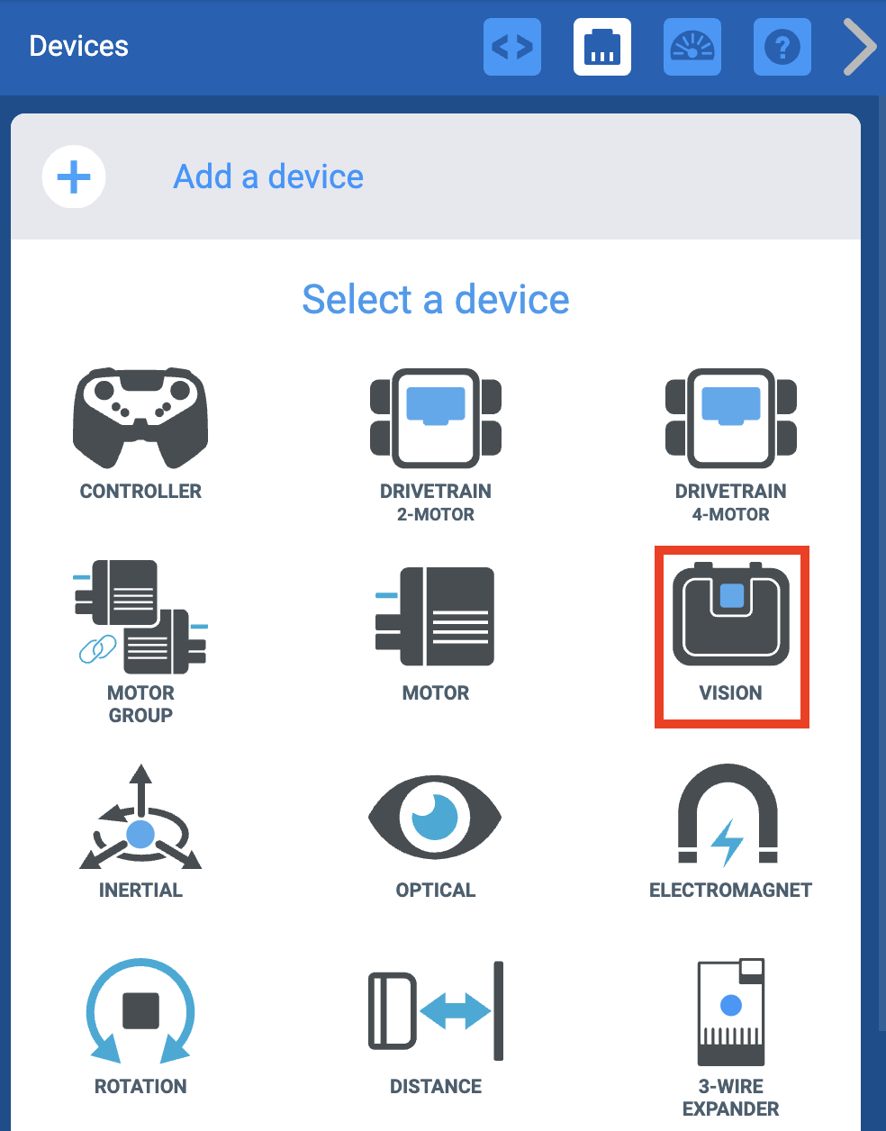 Menu de dispositivos VEXcode EXP após selecionar o botão Adicionar um dispositivo. A opção Visão está realçada.