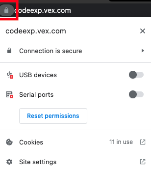 Chrome іздеу жолағы жанындағы құлып белгішесі бөлектеледі. Төменде VEXcode EXP үшін Сайт туралы ақпарат ашылмалы мәзірі ашылады.
