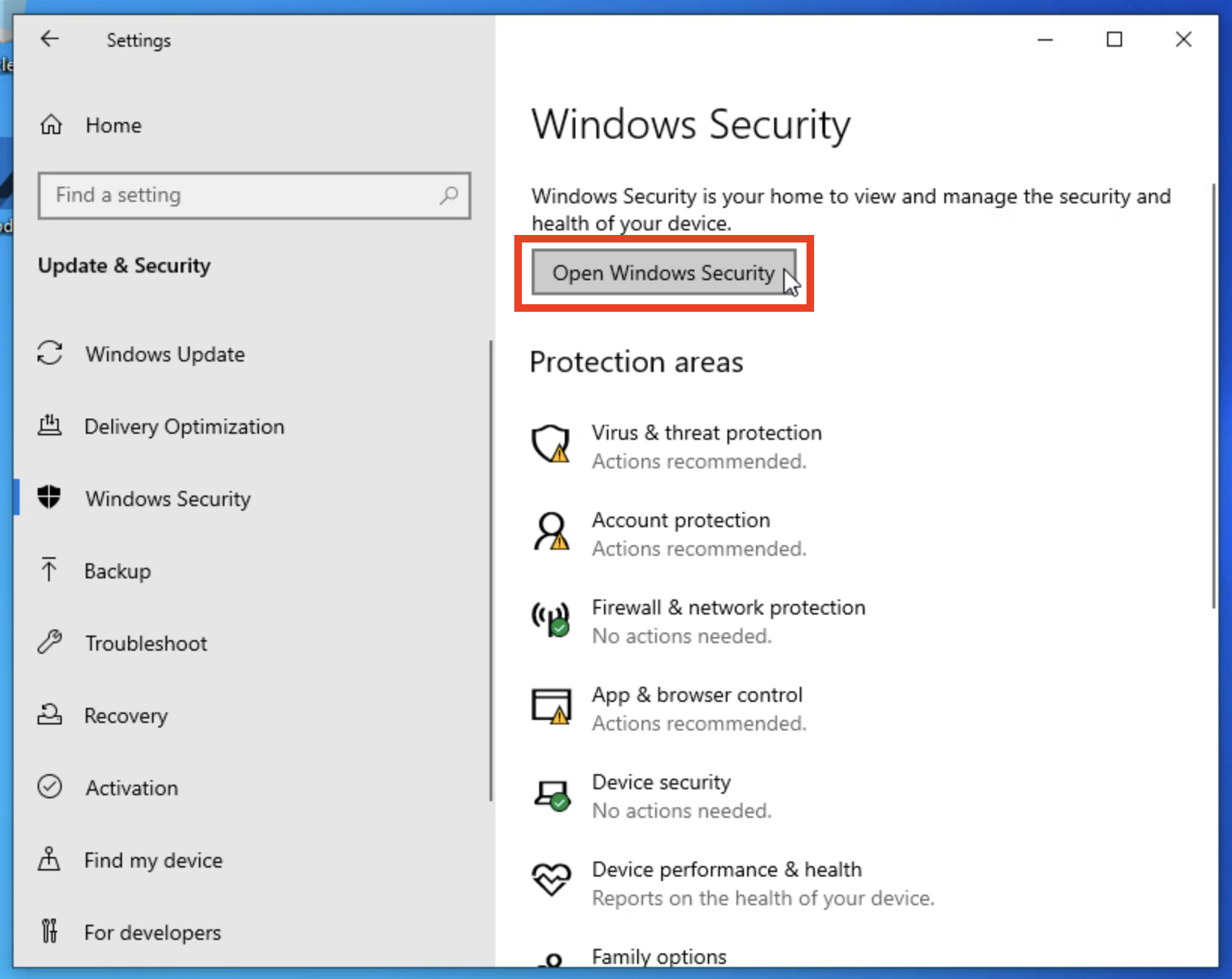 El menú Configuración de Windows se abrió en la página Seguridad de Windows. En la parte superior, se resalta un botón que dice Abrir Seguridad de Windows.