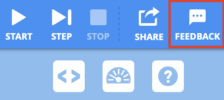 VEXcode EXP Toolbar mit hervorgehobenem Feedback-Symbol rechts neben dem Teilen-Symbol.