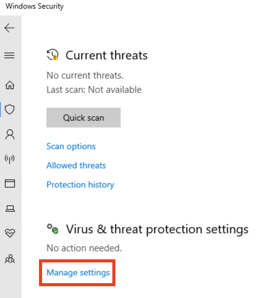 Menu Bảo mật Windows với trang Bảo vệ khỏi vi-rút và mối đe dọa đã mở. Một mục trong menu có tên là Cài đặt bảo vệ chống vi-rút và mối đe dọa, bên dưới có nút Quản lý cài đặt được tô sáng.