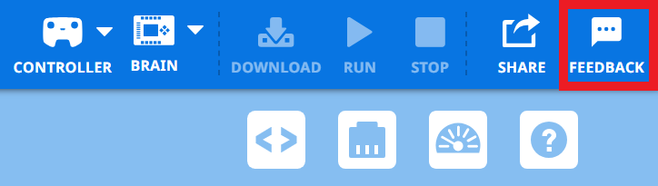 VEXcode EXP Toolbar mit hervorgehobenem Feedback-Symbol rechts neben dem Teilen-Symbol.