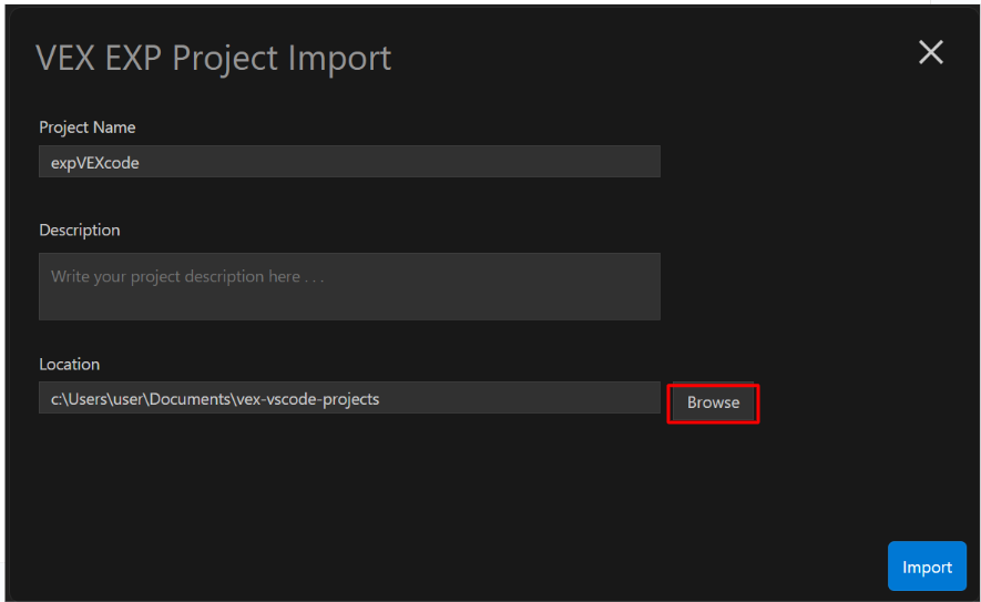 Meniu „EXP Project Import“ (EXP projekto importavimas) su paryškintu mygtuku „Naršyti“ lauko „Vieta“ dešinėje.