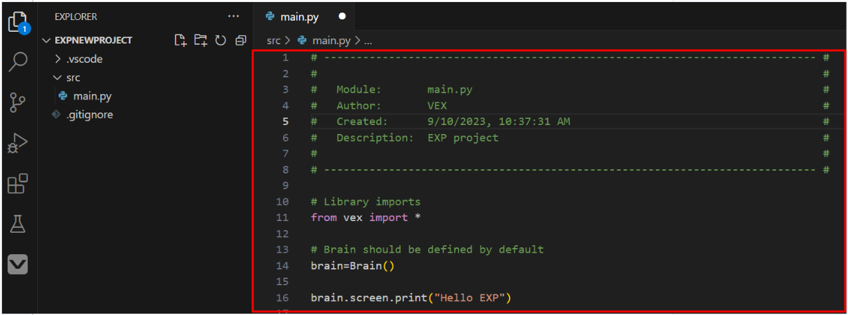 O ficheiro main.py foi selecionado e está agora aberto no Editor à direita.