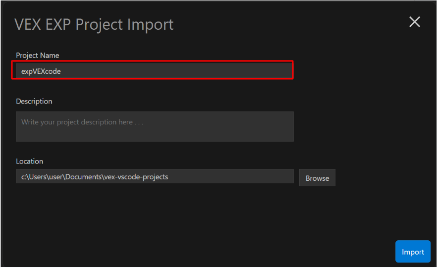 O projeto VEX previamente guardado foi selecionado para importação, e o utilizador tem opções para editar o seu nome e descrição antes da importação. Neste exemplo, o nome do projeto foi definido como expVEXcode.