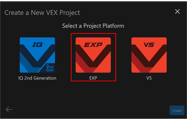 Se ha seleccionado el botón Nuevo proyecto y se muestran las opciones de la plataforma VEX. Las opciones enumeradas incluyen IQ (2ª generación), EXP y V5. La opción EXP está resaltada.