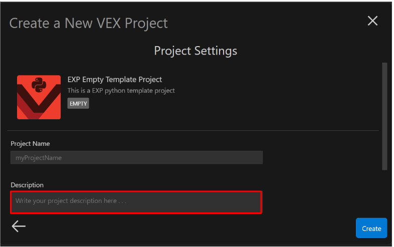Tukša veidnes projekta EXP versija ar iezīmētu apraksta lauku zem lauka Projekta nosaukums.