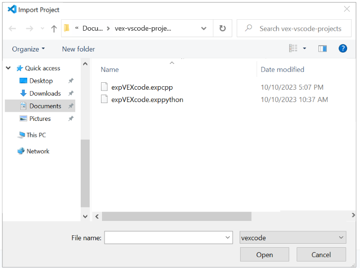 Proyek VEX yang disimpan ditampilkan dalam file pengguna di File Explorer. Dalam contoh ini, proyek EXP C++ telah dipilih.