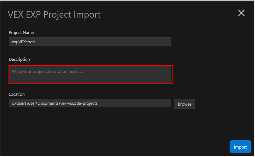 El menú EXP Project Import con el campo Description resaltado debajo del campo Project Name.