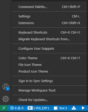 Contextmenu van VS Code-instellingen met vele opties. De optie Instellingen is gemarkeerd en is de derde optie in het menu, onder Opdrachtpalet en Profielen.
