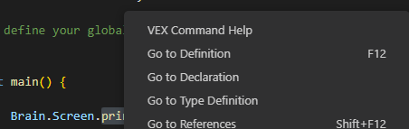 C++ কমান্ডের জন্য কনটেক্সট মেনু খোলা হয়েছে এবং VEX কমান্ড হেল্প বিকল্পটি হাইলাইট করা হয়েছে।