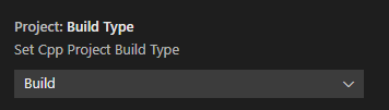 Definições do utilizador VEX com a opção Tipo de compilação do projeto apresentada. Esta opção tem um menu suspenso que está definido como "Compilar" por defeito. A descrição diz: Definir tipo de compilação do projeto C++.