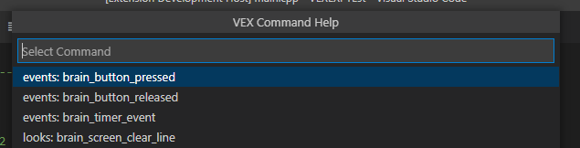 Pasek wyszukiwania programu VS Code z listą szybkiego wyboru pasujących poleceń VEX C++ w Pomocy poleceń VEX, która pomaga użytkownikowi zawęzić zakres wyszukiwania.