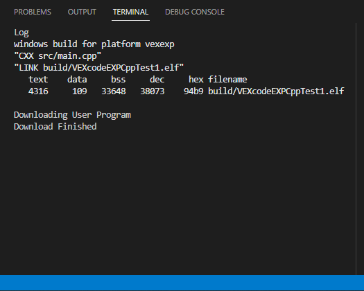 VS Code VEX Log Terminali açılır ve VEX Eklentisinin kullanım geçmişi gösterilir. Bu örnekte, Log, Windows build for platform vexexp, Download User Program, Download Finished yazan mesajlar bulunmaktadır.