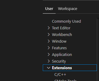 VS Code Ayarları Penceresi açıktır ve sol taraftaki gezinme listesinde Uzantılar kategorisi vurgulanmıştır.
