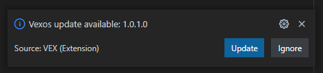Atualize a janela de aviso do VEXos com uma mensagem que diga "Atualização do VEXos disponível: 1.0.1.0". Fonte: Extensão VEX. Abaixo, existem dois botões com os dizeres "Atualizar" e "Ignorar".