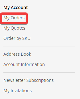 Screenshot der ausgewählten Registerkarte „Meine Bestellungen“ in einer Weboberfläche, der den Vorgang zur Verwaltung internationaler Bestellungen veranschaulicht.