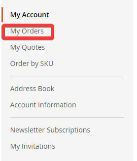 Screenshot der Registerkarte „Meine Bestellungen“ in einer Weboberfläche, auf der die Option zum Anzeigen und Verwalten internationaler Bestellungen hervorgehoben wird.