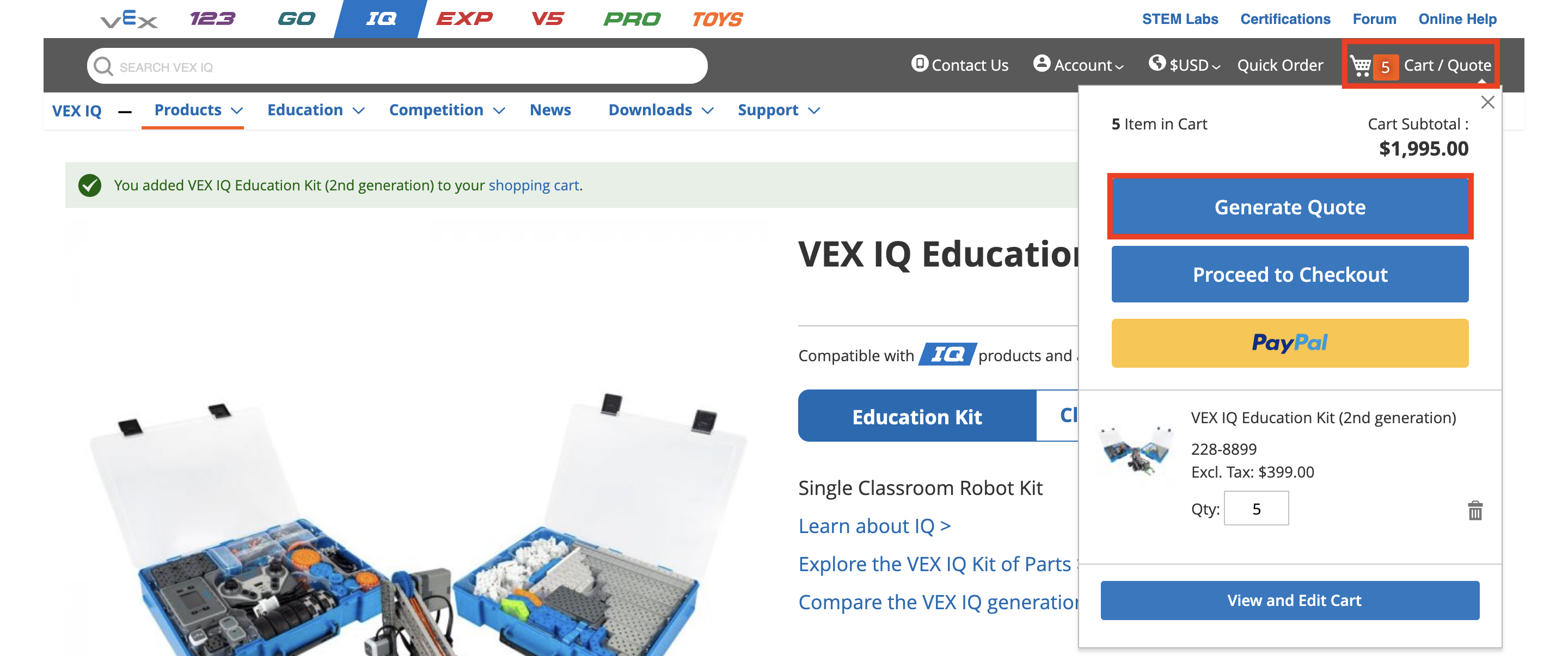 Snímek obrazovky článku znalostní báze VEX, který ukazuje proces generování cenové nabídky a košíku, ilustrující kroky při objednávání produktů.