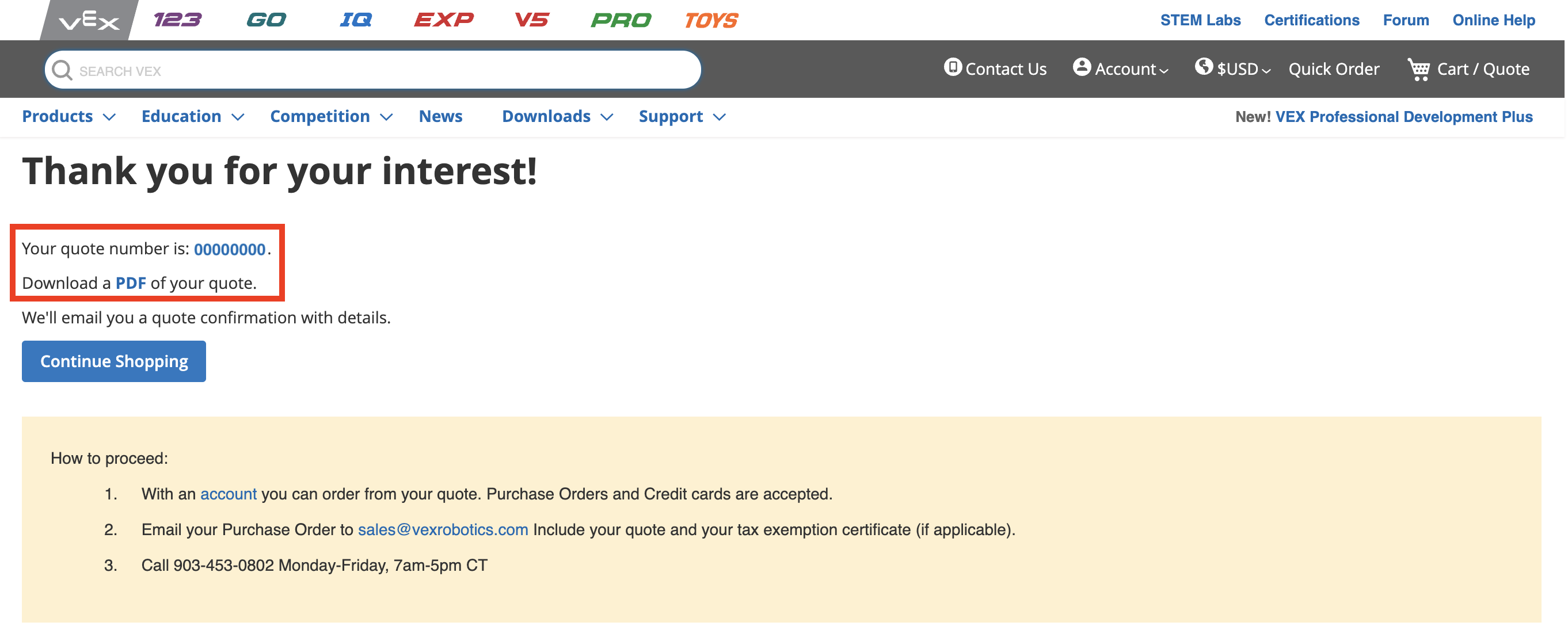 Screenshot di un numero di preventivo da VEX, che illustra il processo di ordinazione nella sezione Descrizione generale della categoria.