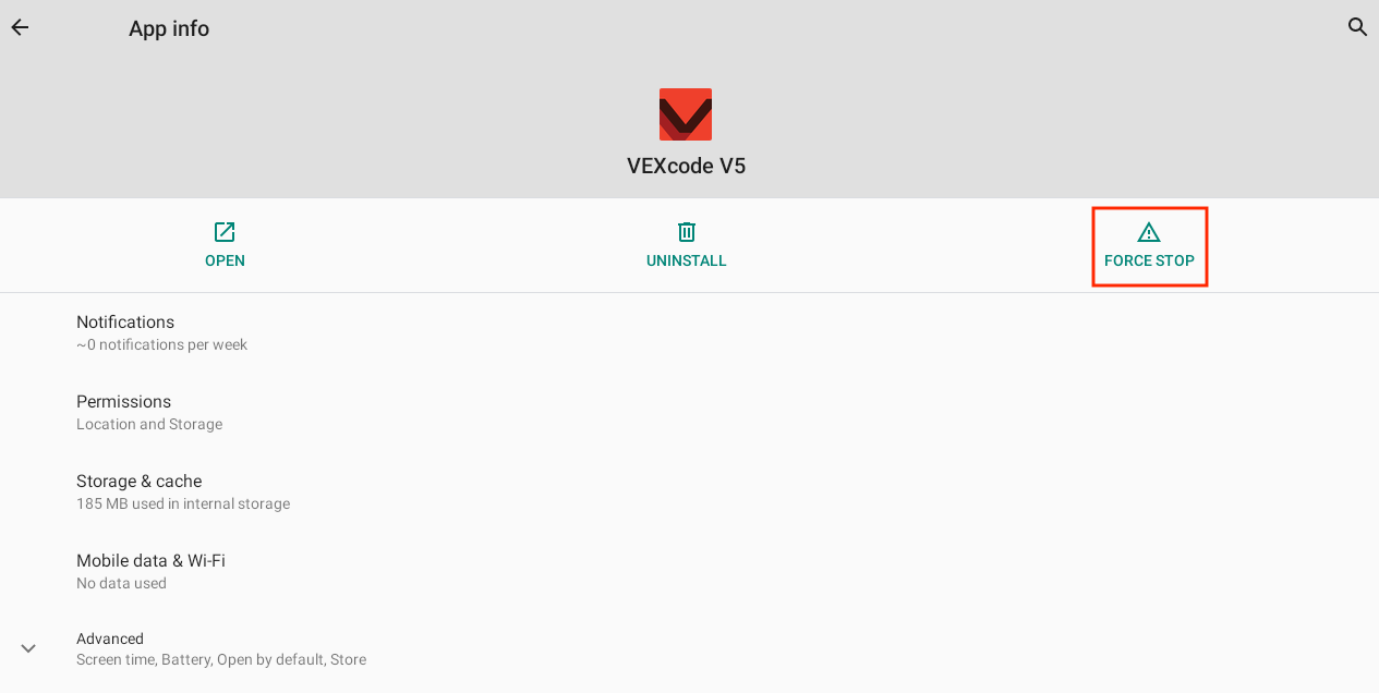 Captura de pantalla de la opción Forzar detención en la configuración de Bluetooth, que ilustra cómo solucionar problemas de conexión Bluetooth.