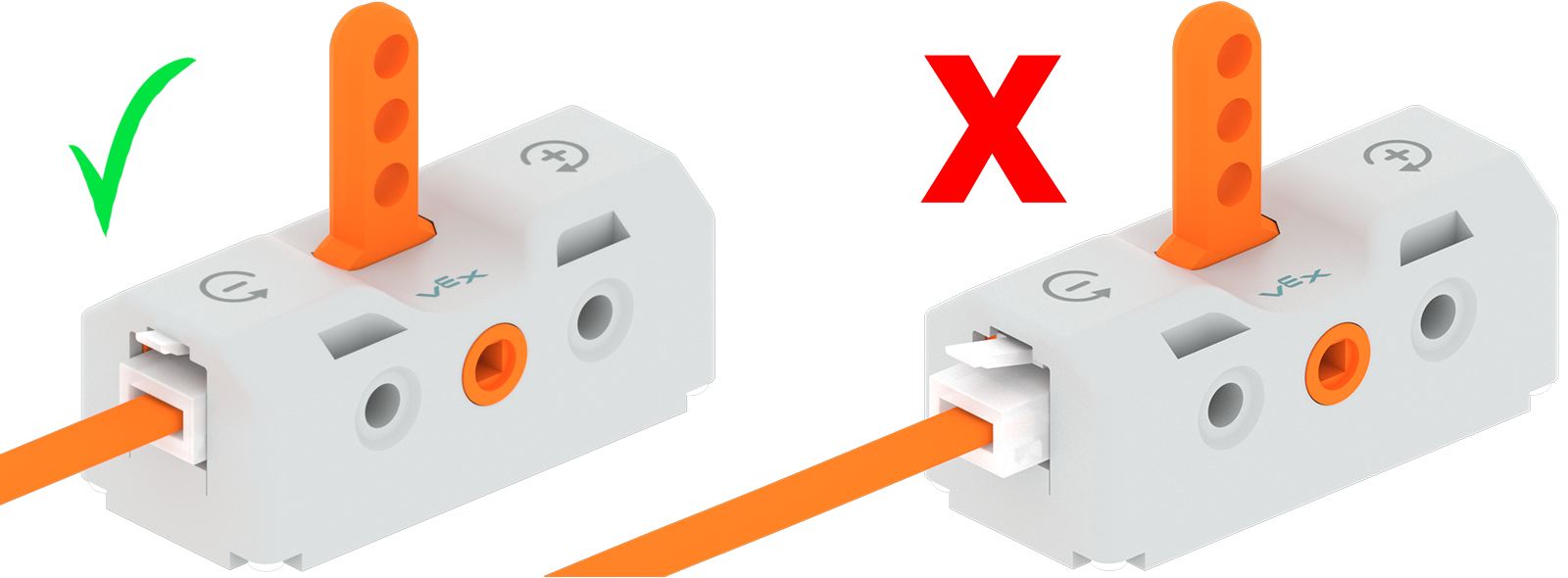 Schema di due pezzi di interruttore con cavi della batteria collegati alle rispettive porte della batteria per alimentarli. A sinistra il cavo della batteria è completamente collegato e c'è un segno di spunta verde, mentre a destra il cavo della batteria è solo parzialmente collegato e c'è una X rossa.