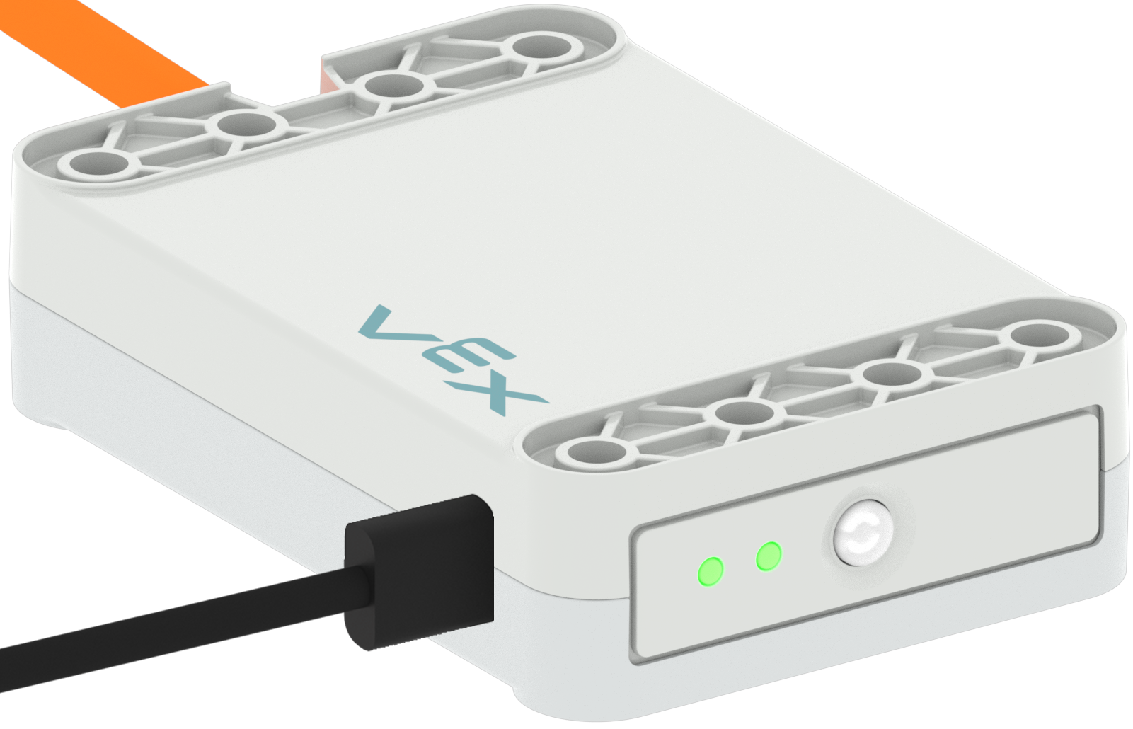 Aufladen des Akkus mithilfe eines an den Ladeanschluss angeschlossenen USB-C-Kabels. Die beiden Kontrollleuchten leuchten grün und zeigen damit an, dass der Akku vollständig aufgeladen ist.