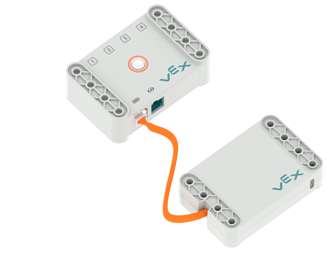 Batterij met de verbindingskabel aangesloten op de batterijsleuf van een Brain.