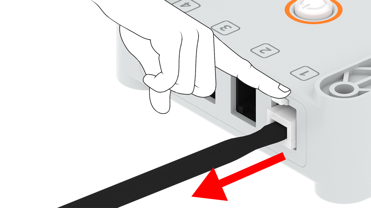 Diagramm einer Hand, die auf die Entriegelungslasche eines Kabels drückt, um es aus dem Smart Port des Brain zu entfernen.